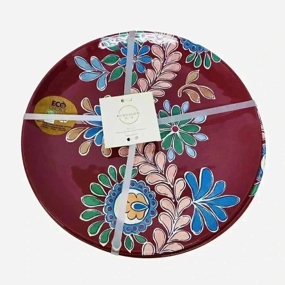 BUNGALOW Set of 4 Melamine 11" Dinner Plates Burgundy Floral Summer Table Decor - Picture 2 of 4